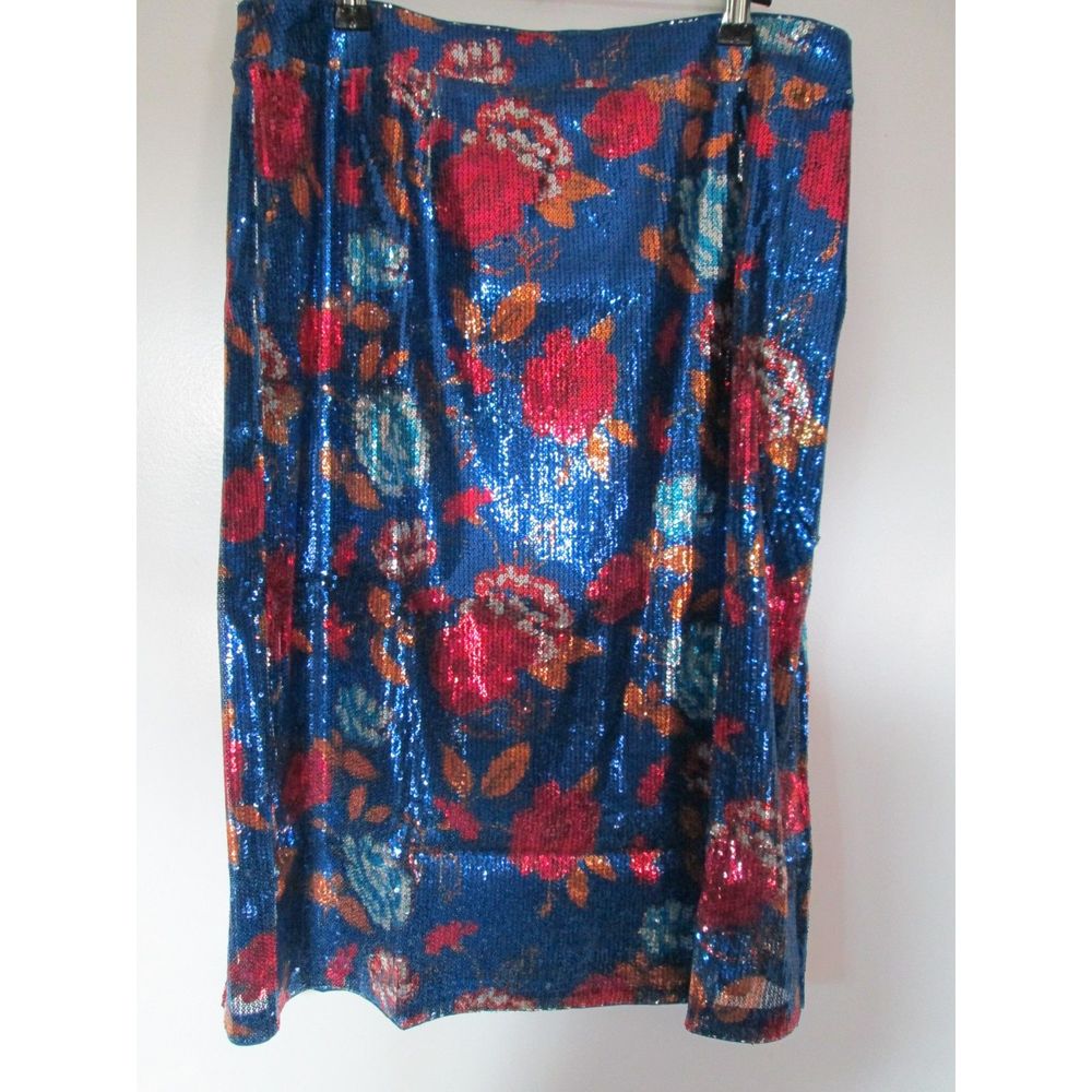 G.I.L.I. Blue Sequin Floral Midi Skirt with Red and Orange Accents